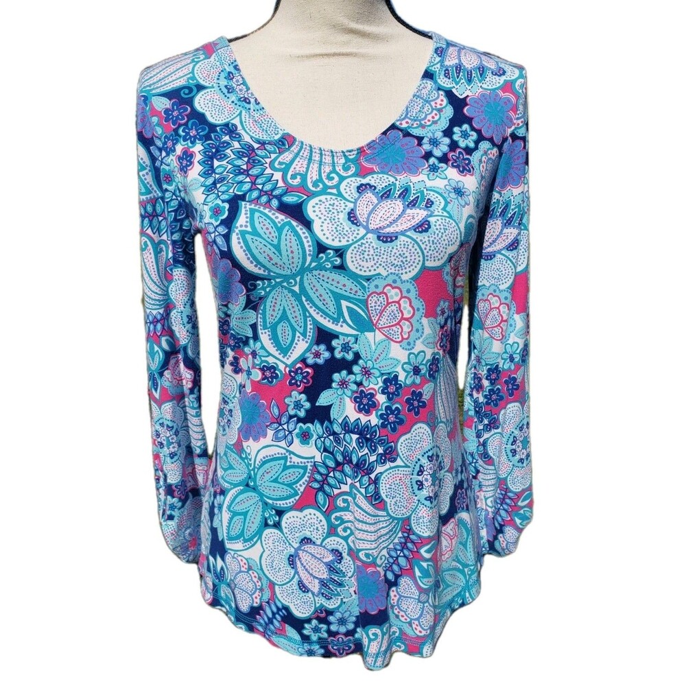 Chico’s Floral 3/4 Roll Button Slve Top Size XSmall Blue Teal Pullover UPF 50+